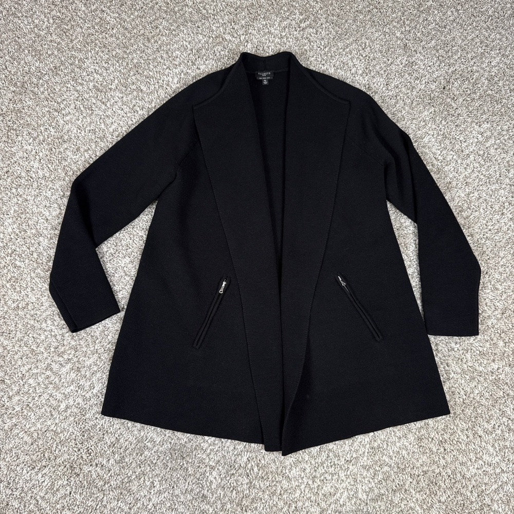 Talbots Cardigan Womens‎ MP Black  Merino Wool Shawl Collar Open Front Sweater